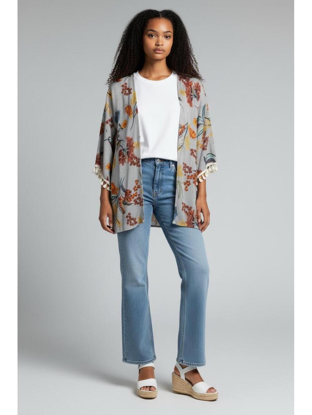Sweet Claire Floral Striped Kimono Cardigan with Tassel Trim, Size S/M